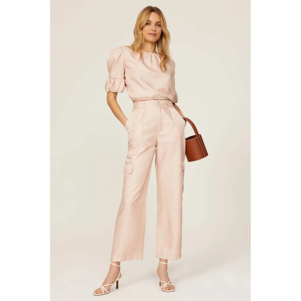 Love Whit Champagne Pink Satin Wide Leg Cargo Pants Size 0 Utility Trousers